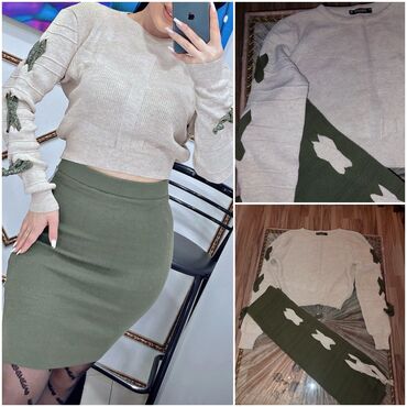 i̇dman qadın ətəkləri: 2 hissəli qadın dəsti - Üst: Açıq bej rəngdə, qısa kəsimli trikotaj