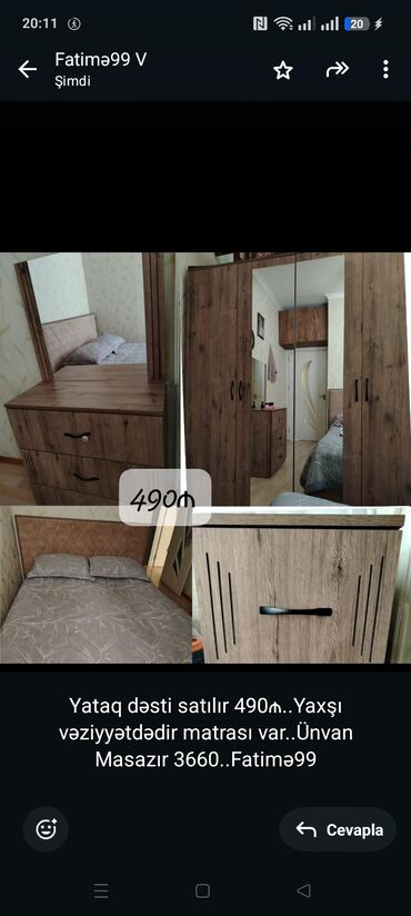 Sifarişlə çarpayılar: Yataq dəsti satılır 490₼. Yaxşı vəziyyətdədir matrası var. Ünvan