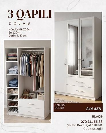 wkaf: 3 qapılı dolab Ölçülər: - Hündürlük: 200 sm - En: 120 sm - Dərinlik — 1