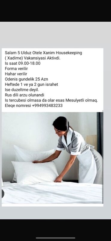 baxicii işi: 5 Ulduzlu otelə gecə və gündüz növbələri üçün xadimə tələb olunur. İş