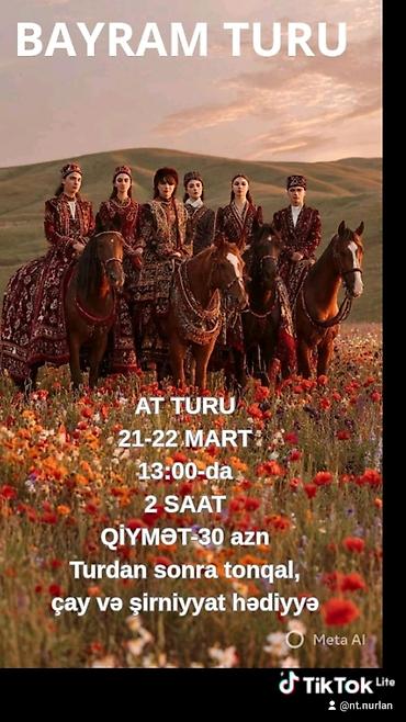daxili turlar: – AT TURU - Başlama vaxtı: 13:00 - Müddət: 2 saat - Qiymət: 30 AZN - — 1