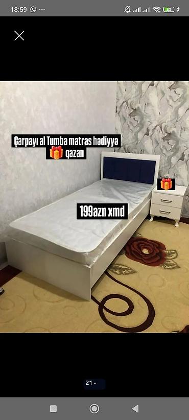 Çarpayılar: Ağ rəngli tək nəfərlik çarpayı dəsti. Yataq başlığı tünd mavi yumşaq — 1