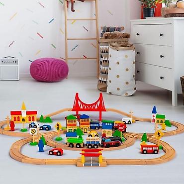 mima vozicek: DRVENA SET ŽELEZNICA NA BATERIJE – 90 elemenata | ECO TOYS Šifra — 3