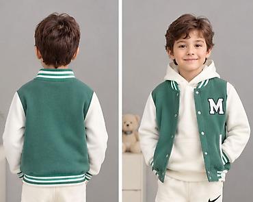 Üst geyimləri: Uşaq bomber/varsity stili jaket - Rəng: yaşıl gövdə, ağ qol; yaxa — 2