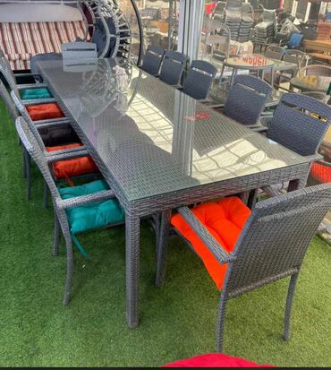 Bağ, çöl masa və oturacaq dəstləri: Kvadrat masa, Açılmayan, Stullar ilə, Həsir toxunuşlu — 27