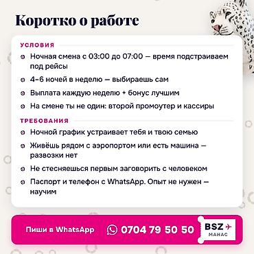 кассир ночь: Требуется промоутер в аэропорт «Манас» на ночь, с 03:00 до 07:00 — 2