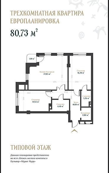жк европа: 3 комнаты, 83 м², Орто-Сай с. Элитка, 6 этаж, ПСО (под самоотделку) — 4