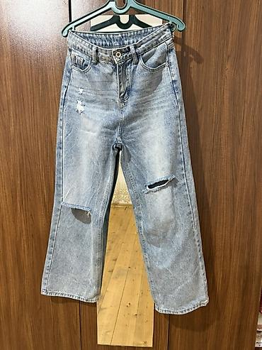 cins etek: Qadın/Unisex geniş kəsimli cins şalvar - Rəng: açıq mavi, yuyulmuş — 1