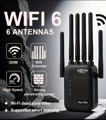 Modemi, ruteri i mrežni uređaji: Wi‑Fi 6 repetitor/ekstender sa 6 antena – Ourlife, u crnoj i beloj — 1