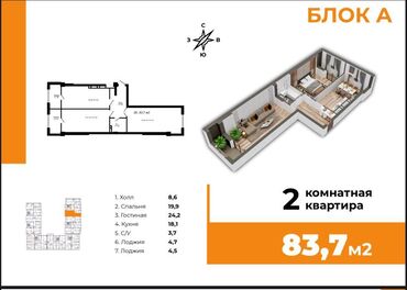 квартира 2 комната жибек жолу: 2 комнаты, 83 м², Элитка, 2 этаж, ПСО (под самоотделку)