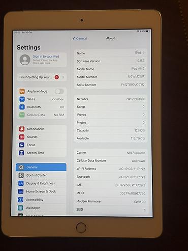 Apple iPad: Apple iPad Air 2 (Wi‑Fi + Cellular) – 128 GB Xüsusiyyətlər: - Model — 3