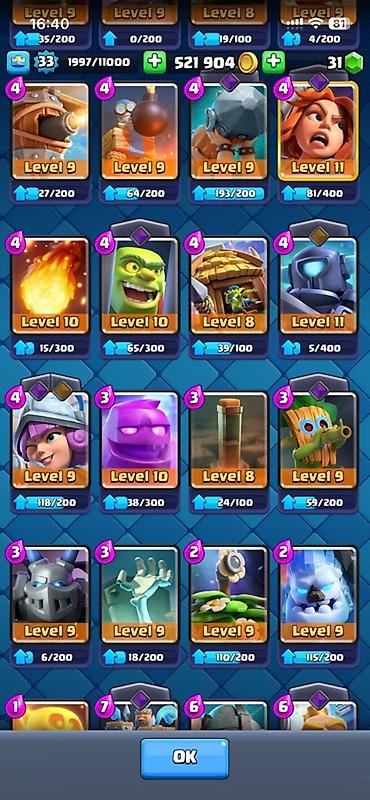 Kolleksiya kartları: Clash Royale hesabı - Kral səviyyəsi: 33 (1997/11000 XP) - Kupa: 6885 — 7