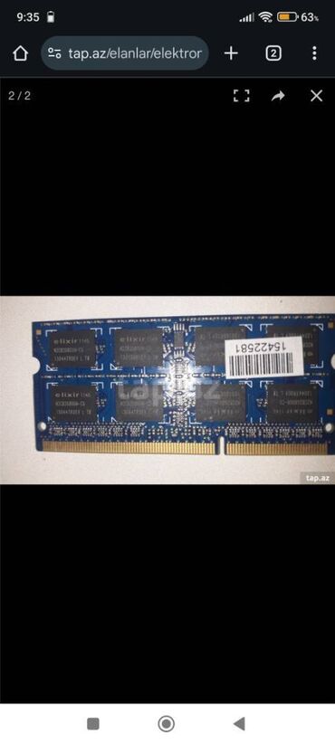 Operativ yaddaş (RAM): Operativ yaddaş (RAM) 4 GB, 1333 Mhz, DDR3, Noutbuk üçün, İşlənmiş