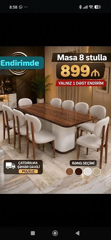 Masa + 8 stul dəsti - 8 nəfərlik geniş yemək masası və 8 ədəd yumşaq