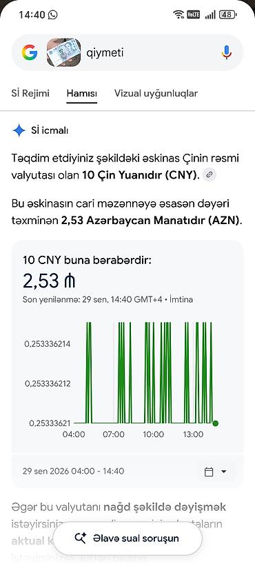 Купюры: Məhsul: Çin yuanı banknotu – 10 CNY Təsvir: 1 manata satiram esil — 3