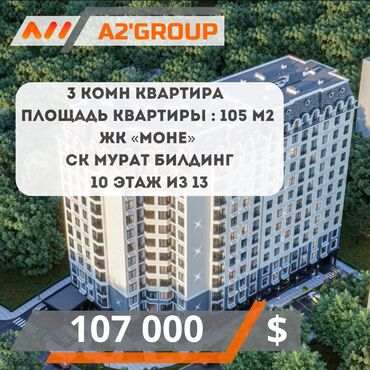 долгосрочная аренда квартир аламедин 1: 3 комнаты, 105 м², Индивидуалка, 10 этаж, ПСО (под самоотделку)