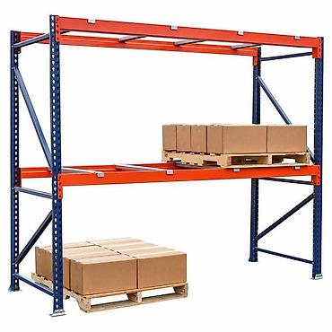 paddon: An industrial pallet rafı, mavi dik dayaqlar və narıncı şüalar ilə — 1