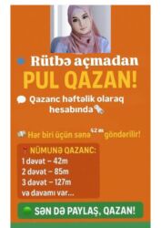 Başqa xidmətlər: Rütbə açmadan pul qazanmaq imkanı Xidmətin mahiyyəti: - Paylaşdıqca