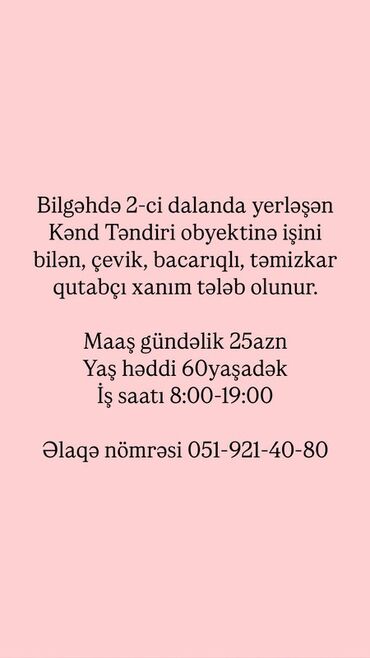 əczaçı vakansiya: Bilgəhdə, 2-ci dalanda yerləşən Kənd Təndiri obyektinə işini bilən