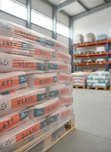 ноливной пол: Мешки штукатурки Glatt AlinEX, упакованные на поддоне и обернутые в