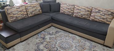 угловой диван с ящиками: Угловой диван, цвет - Серый, Б/у