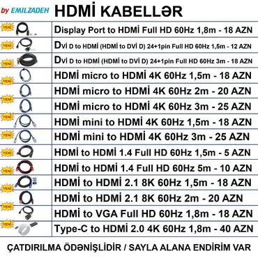 Monitorlar: HDMI Kabellər 🚚Metrolara və ünvana çatdırılma var, ❗ÖDƏNİŞLİDİR❗