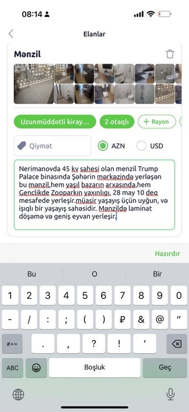 Günlük kirayə mənzillər: Nərimanovda, 45 kvadratmetr sahəsi olan bu mənzil "Trump Palace"