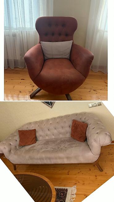 led isiq qiyməti: 1 divan + 1 kreslo dəsti - Model: yumşaq məxməri/şamoiz örtüklü dəst — 1