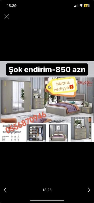 kreslo carpayi: İkinəfərlik çarpayı, Dolab, Termo, 2 tumba, Azərbaycan, Yeni