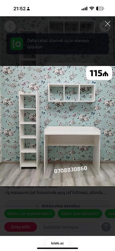 Ağ rəngdə modul iş/oxu küncü dəsti. Dəst tərkibi: - Masa: yuxarı