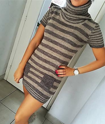 helanke elastina: Pletena haljina-tunika sa prugama - Model: kratki rukavi, mini dužina — 1