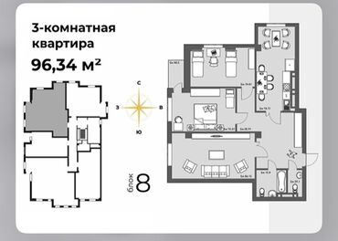 Продажа квартир: 3 комнаты, 97 м², Элитка, 2 этаж, ПСО (под самоотделку)