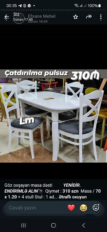 kunc divanar: Ağ rəngdə yemək otağı masa–stul dəsti. - Dəst: 1 masa + 4 stul - Masa — 1