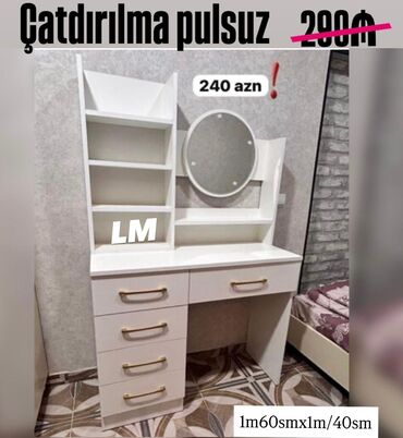 стол трансформер: Ağ rəngli makiyaj/iş masasının dəsti. - Dairəvi güzgü - Sol tərəfdə