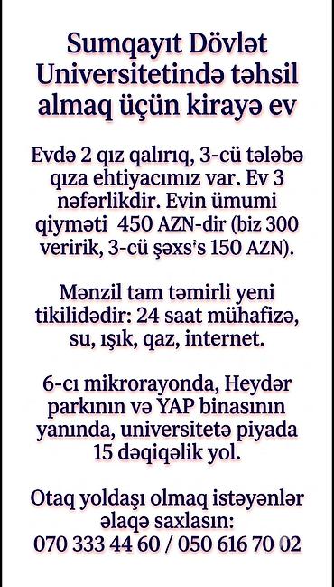 bakı kirayə evlər ucuz: Sumqayıt Dövlət Universitetinə yaxın kirayə mənzildə otaq yoldaşı — 2
