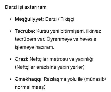 derzi elanları 2023: Tikişçi, 38 yaş, 1 ildən az təcrübə, Tam iş günü — 1