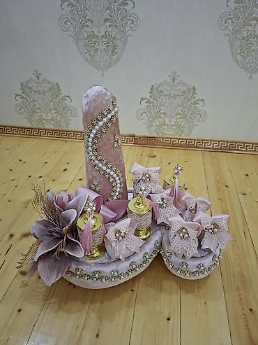 xonca desti: Xınayaxdı üçün bəzəkli xına dəsti - Pastel çəhrayı məxmər üzlü, zər — 1