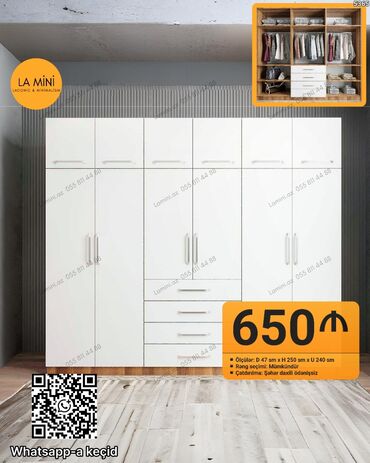 Divanlar: Düz dolab, Yataq otağı üçün, Qarderob, Açılan, Korpuslu, 6 qapı