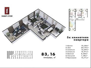 nova grant: 3 комнаты, 83 м², Технопарк 106 серия улучшенная, 4 этаж, ПСО (под самоотделку) — 1