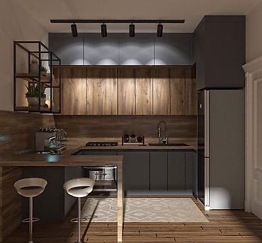 Кухонные гарнитуры: Кухонный гарнитур в современном стиле, выполненный в светлых тонах. Он — 9