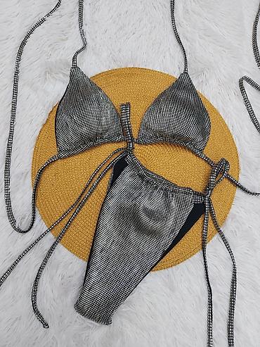 korset: Srebrni bikini set – trouglasti top i visoki struk donji deo - — 3