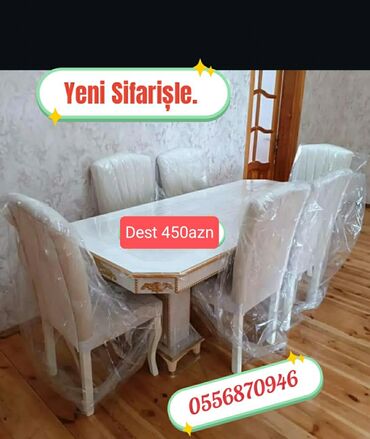 Masa və oturacaq dəstləri: Qonaq otağı üçün, Yeni, Açılmayan, Dördbucaq masa, 6 stul — 9