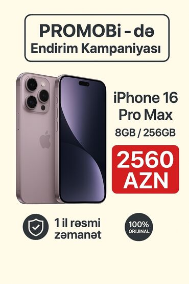 i̇phone 16 pro max qiyməti: IPhone 16 Pro Max, 256 GB, Zəmanət, Sənədlərlə