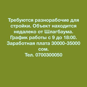 разнорабочая: Талап кылынат Ар түрдүү жумуштарды жасаган жумушчу, Төлөм Күн сайын, Тажрыйбасыз