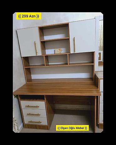 ofis mebel: İş masası və üst dolablı rəf sistemi - Material: ağ və taxta naxışlı — 1