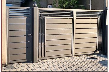 Распашные ворота: Металлические распашные ворота с калиткой (модульные панели) - — 70