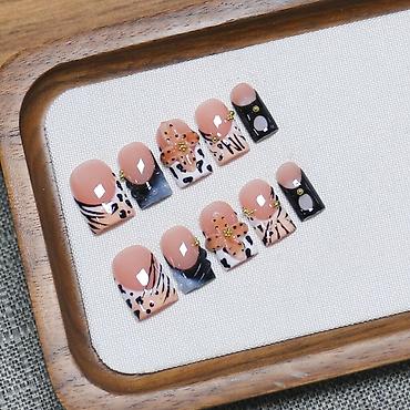 diamond: Set presovanih noktiju – dizajn u nude/black stilu sa animal print — 1