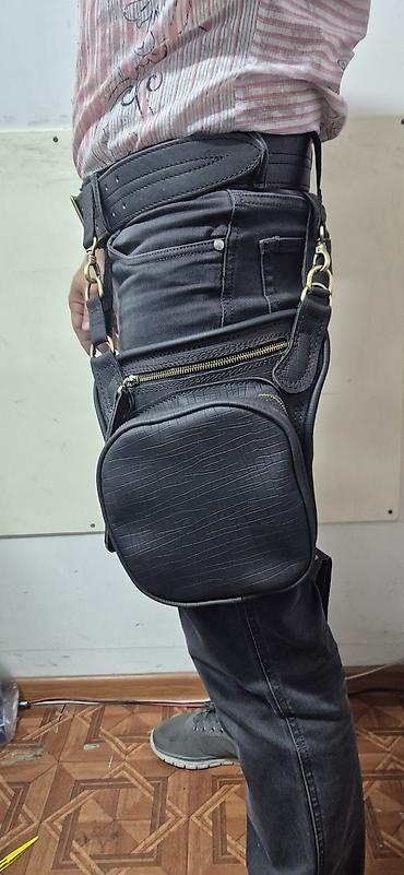 мото чехол: Мото поясно‑бедренная сумка (leg/hip bag) - Материал: черная кожа с — 2