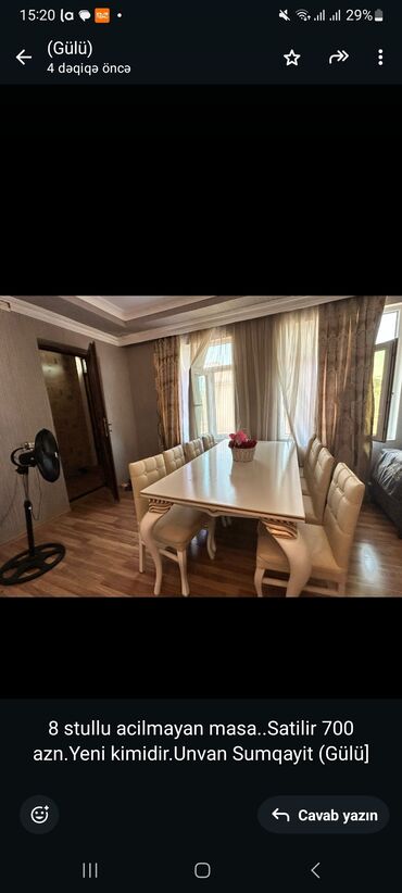 Mətbəx mebeli: 8 stullu acilmayan masa. Satilir 700 azn.Yeni kimidir.Unvan Sumqayit