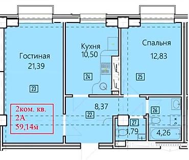 2 8: 2 комнаты, 59 м², Асанбай мкр Элитка, 10 этаж, ПСО (под самоотделку) — 2